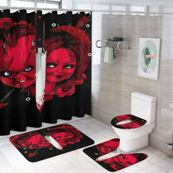 Horror 4-Piece Movie Shower Curtain Sets Bathroom Decor Sets with Rug Toilet Lid Cover,Non-Slip Rug and Non-Slip U Shape Mat and 12 Hooks