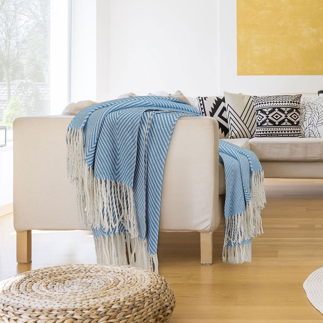 Decorative Throw Blanket with Fringe for Bed Sofa, 51" x 67", Blue