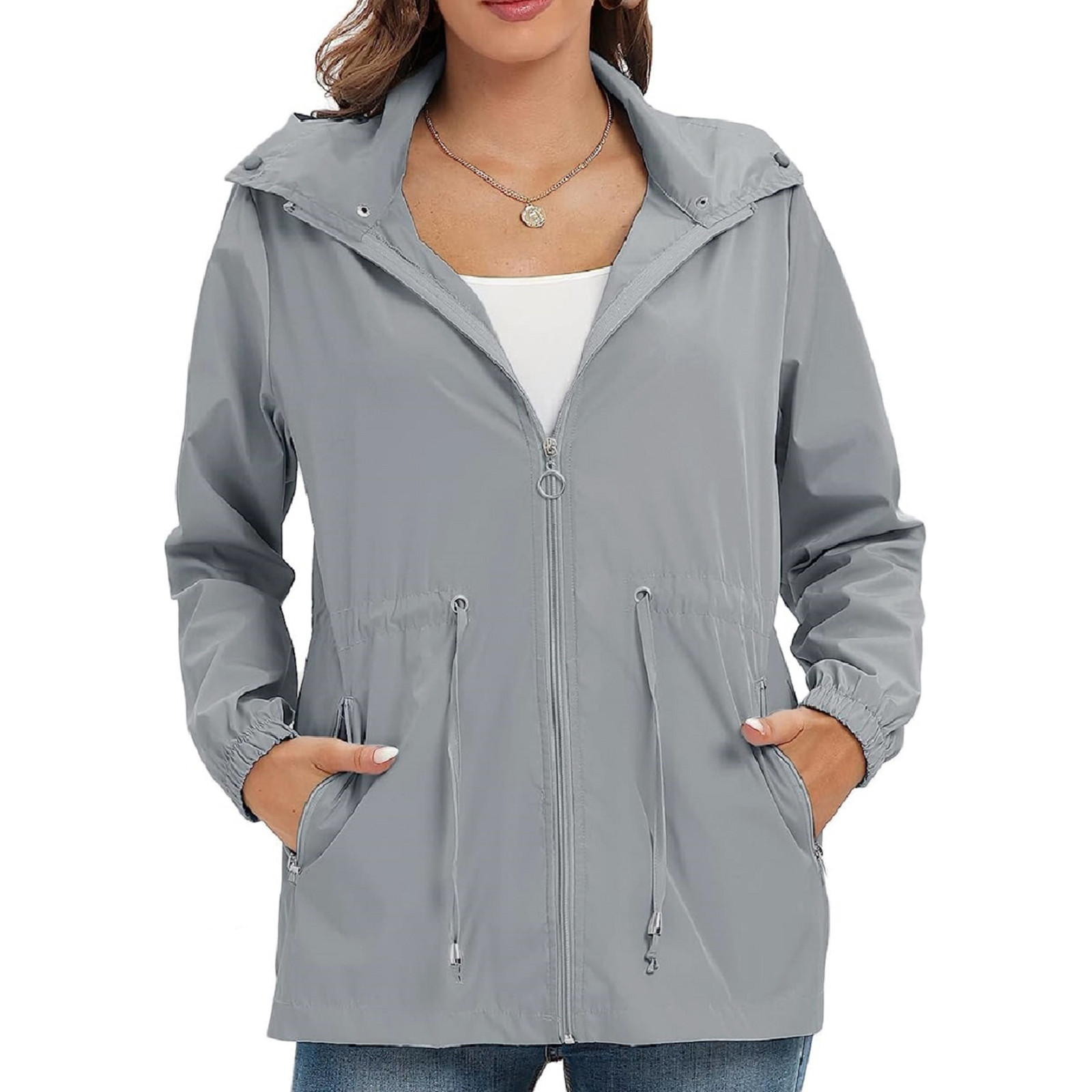 Women's Lightweight Waterproof Jackets Solid Color Long Sleeve Hooded Lapel  Drawstring Zipper Casual Sport Coat(Gray,S)