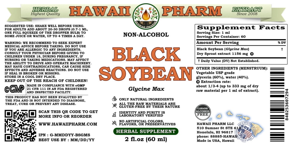 Black Soybean (Glycine Max) Dry Sproat ALCOHOL-FREE Liquid Extract. Expertly Extracted by Trusted HawaiiPharm Brand. Absolutely Natural. Proudly made in USA. Glycerite 2 Fl.Oz