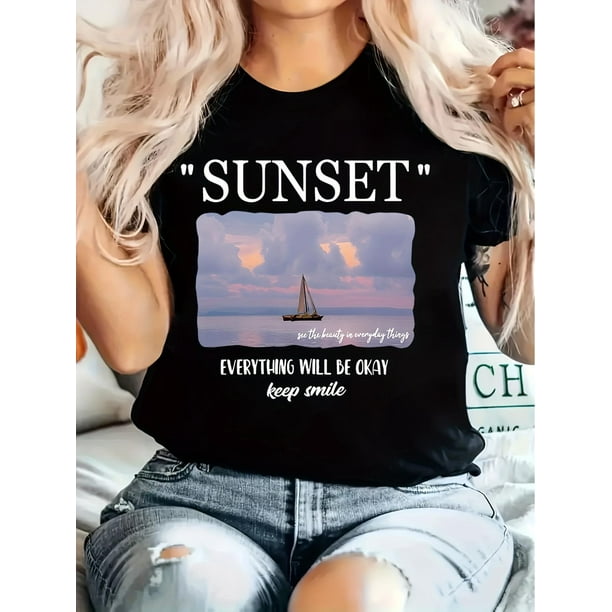 Camiseta Clásica de Verano para MujerWomen'S Vintage Crew Neck T-Shirt, Polyester 100% Knit Fabric, Geometric Sunset Print, Short Sleeve Casual Summer TopFather's Day, Mother's Day, New Year, Spring