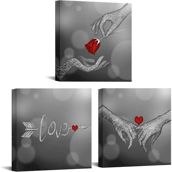 Love and Hand in Hand Wall Art Red Rose Floral Heart Painting Canvas Print Romantic Picture Poster Home Bedroom Bathroom Decor Valentine's Day Gift Black and White Artwork