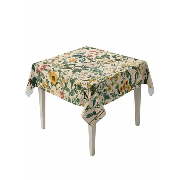 Green Botanical Table Cloth, Vintage Plant Flowers Garden Leaf Motifs Waterproof Tablecloth for Square Tables, Reusable Washable Fabric Table Cover for Restaurant Kitchen Dining Tables 54"x54"
