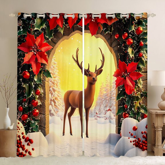 jejeloiu Cartoon Deer Reindeer Black Out Curtains,Merry Christmas Curtains Pack of 2 (42x63 Each),Red Xmas Berry Bedroom Curtains,Super Cozy Room Decor