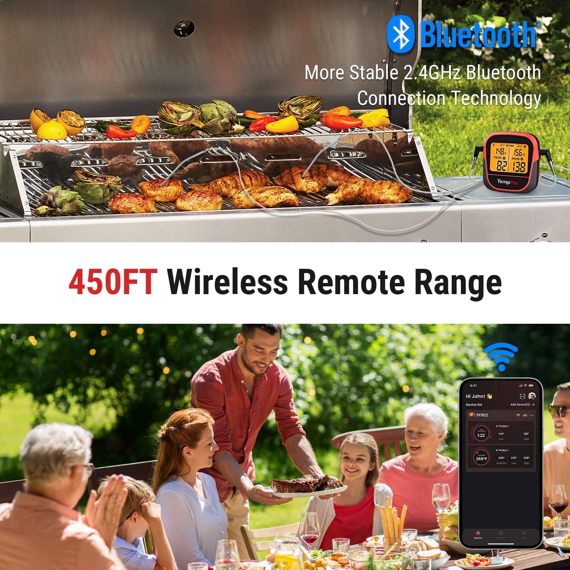 TempPro TP902W 350FT Wireless Meat Thermometer Digital with Dual Probe, Smart Bluetooth Meat Thermometer for Cooking Grilling and Smoking (Formerly ThermoPro)