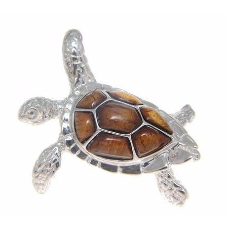 Koa Sea Turtle - Genuine inlay Hawaiian koa wood sea turtle slider pendant sterling silver 925 large 33mm