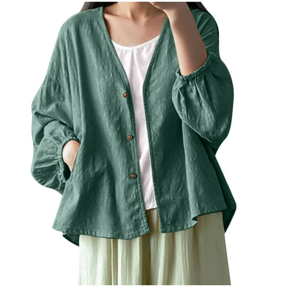 aidice Cotton Linen Womens Tops Casual V Neck Long Sleeve Button up Tops Comfy Loose Lightweight Blouse