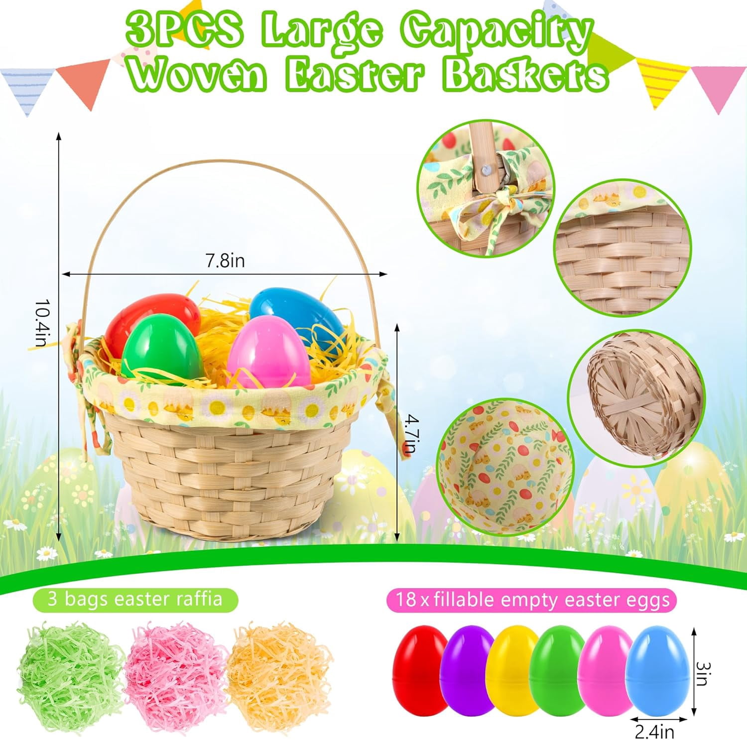 3 Set Wicker Easter Baskets, 10.4" x 7.9"x 4.7" Large Bamboo Easter Basket Empty with Handle, Includes Lining Fabric, Raffia Paper and Easter for Picnic, Spring Party Favors