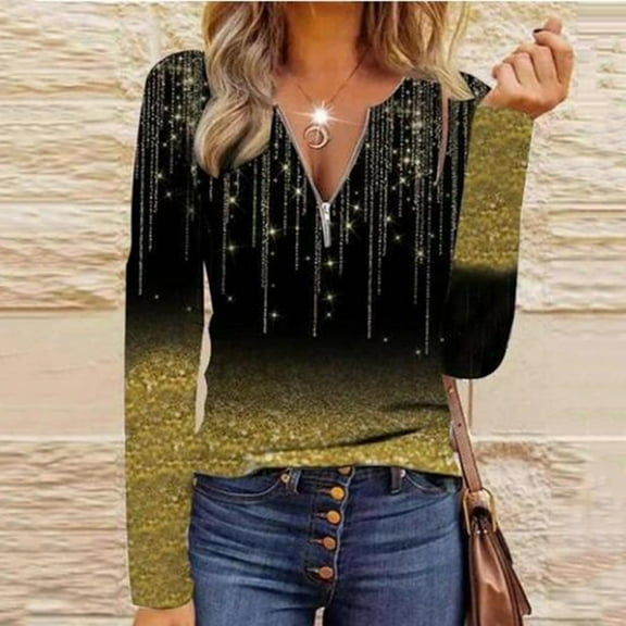 AOOCHASLIY Christmas Tops Women V-Neck Zippers Crop Workout Gradient Color Block Printing Stitching Long Sleeve Tops