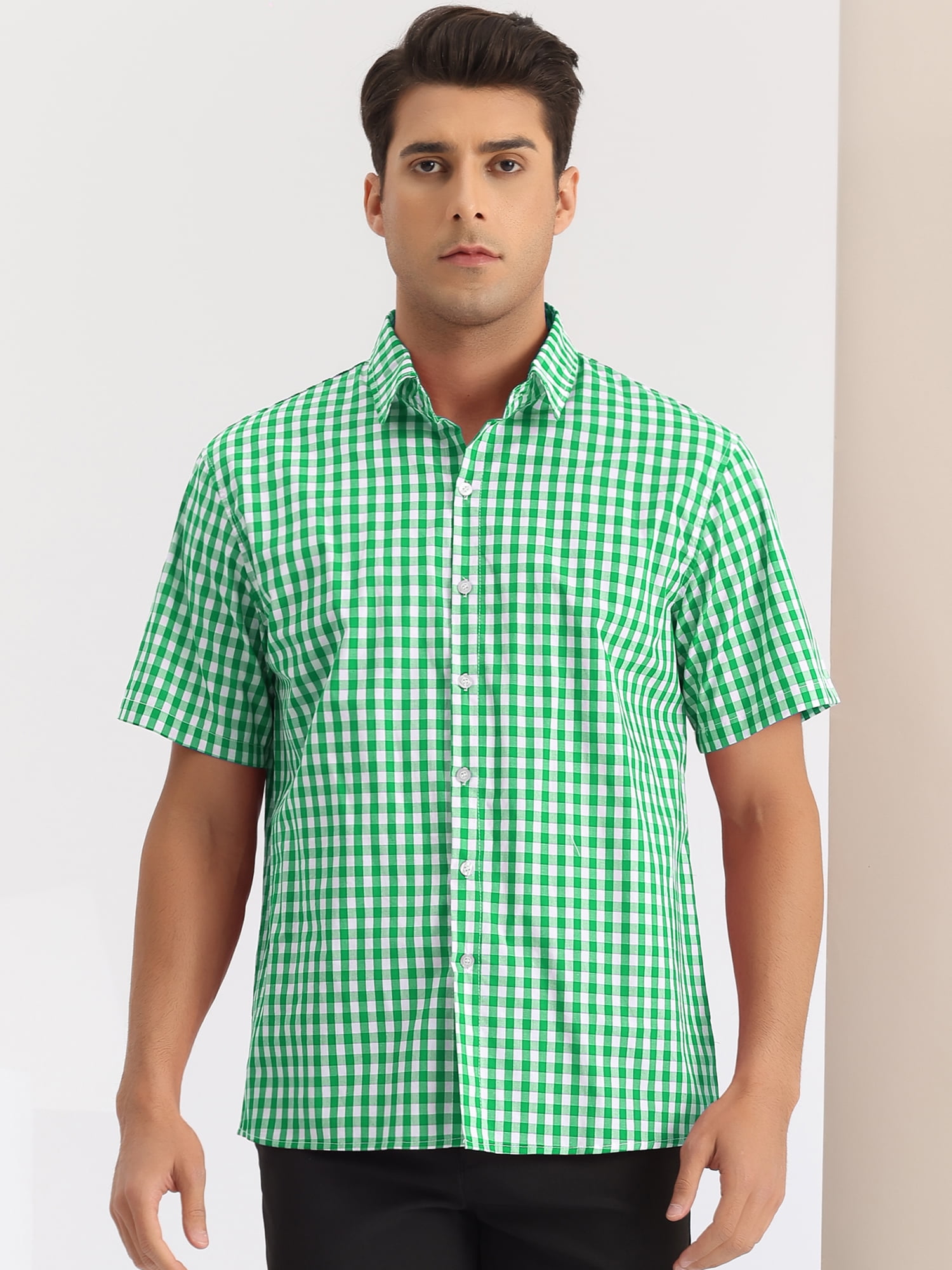 DARING DIVA Men's Checked Short Sleeves Button Plaid Tartan Dress Shirt S Green