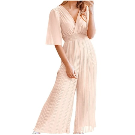 Women Elegant Jumpsuit Ladies Ribbed Wide Leg Playsuits High Elastic Waist V Neck One Piece Romper All In One Loose Overall Pants Short Sleeve Bodysuit Outfit for Casual Work Formal