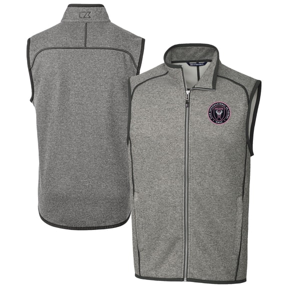 Men's-Cutter & Buck  Heather Gray Inter Miami CF Big & Tall Mainsail Sweater-Knit Full-Zip Vest