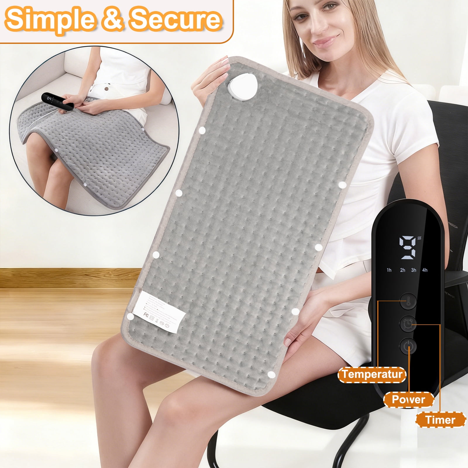 Electric Heating Pad for Period Cramps & Lower Back Pain - 24"x12" Size, 9 Customizable Heat Settings, Auto Shut-Off, Machine Washable for Targeted Relief, Gray