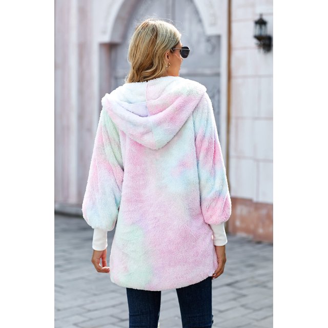ABPHQTO Abrigo con capucha y frente abierto de forro polar suave teñido anudado multicolor para mujer