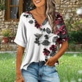 thumbnail image 2 of JTZGDY Short Sleeve V Neck T-Shirts for Women Dressy Floral Printed Summer Half Button Henley Tops Loose Fit Casual Graphic Vacation Tees Shirt Blouses Wine S, 2 of 6