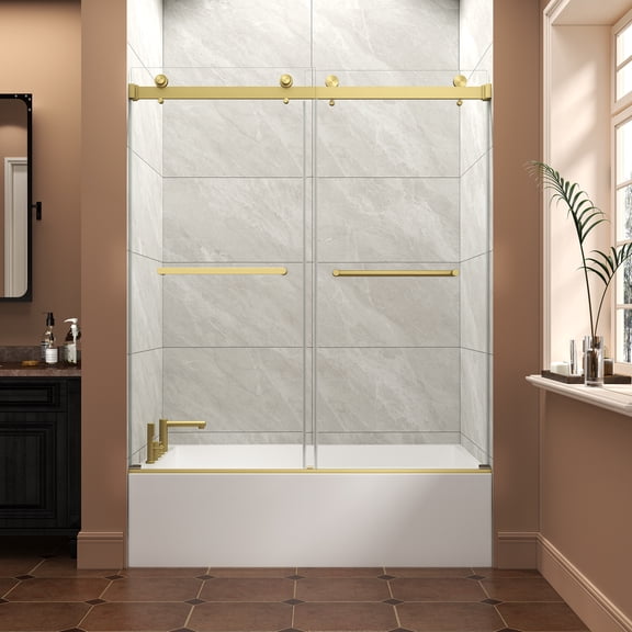 KPUY 55" - 60" x 60" Frameless Double Sliding Bath Tub Shower Door with 5/16" Tempered Glass, Nano Explosion-proof Film, Double Stainless Steel Handle, Brushed Gold