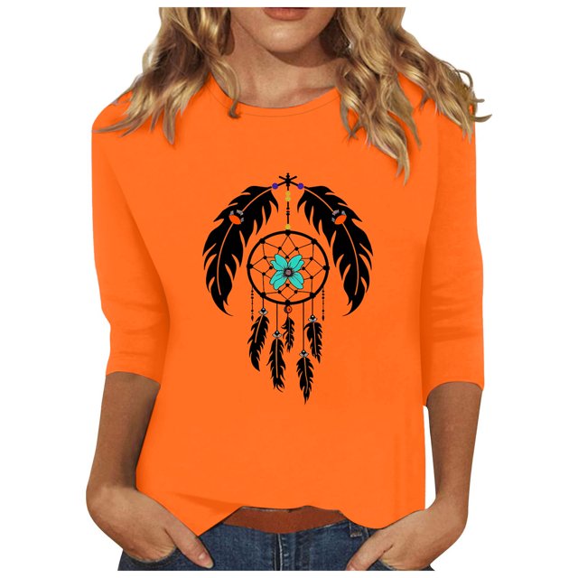 Dadaria T-Shirt pour Femmes Orange Manches 3/4 Col Rond Grande Taille Attrape-Rêves Été TG
