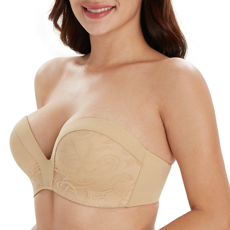 Exclare Women's Stretchy Tube Top Bra Comfort Floral Lace Bandeau Wire  Strapless Bras(Beige,S) 