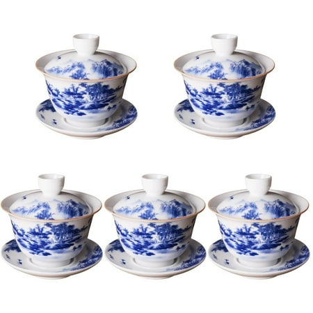 

Homemaxs 5 Sets of Chinese Style Ceramic Tea Cup Decorative Kung Fu Teacup with Saucer Lid