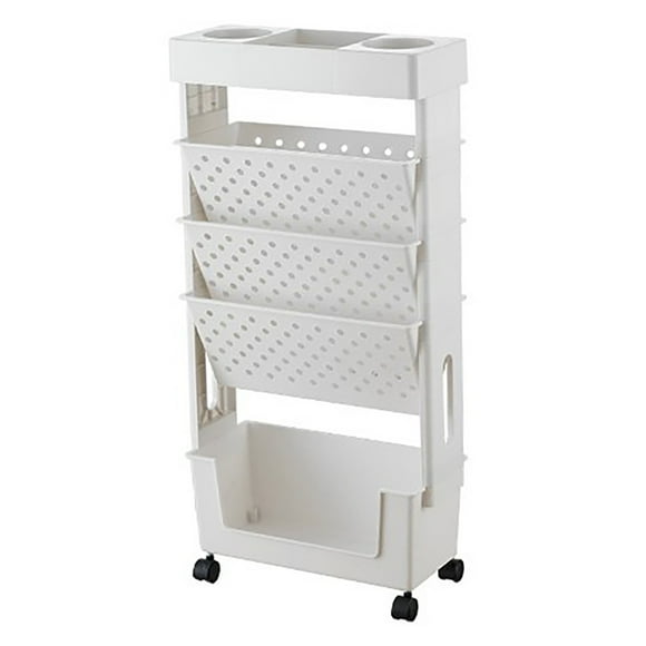 Movable Bookshelf Cart,Movable Multilayer Capacity Rotatable Removable 5 Tier Plastic Rolling Utility Practical Organization Shelf with Wheel White Multifunctional Storage