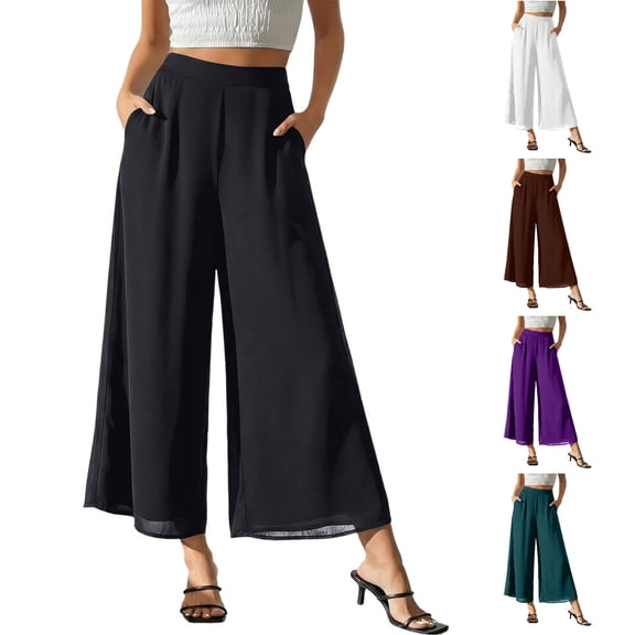 Tsivenald Womens Pants High Waist Flowy Chiffon Cropped Wide Leg Solid Color Lightweight Dressy Summer Culottes