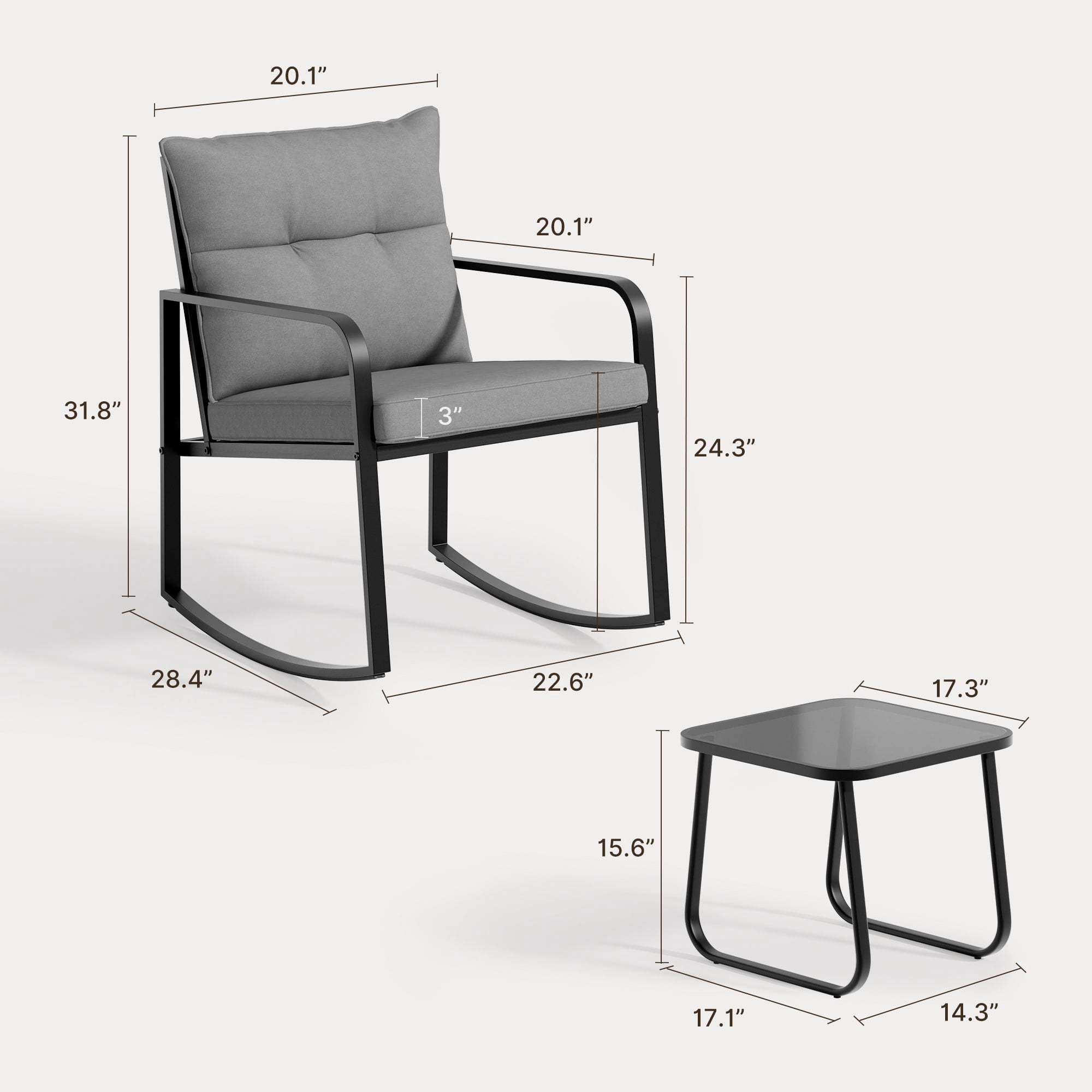 Patio Furniture Set, Rocking Bistro Set Chair with Coffee Table for Balcony, Backyard, Gray