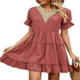 thumbnail image 3 of PENGXIANG Femmes Manches Courtes Mini Robe V Cou Volants Robes Décontractées une Ligne Fluide Été Plage Partie Robe de Soleil, 3 of 7