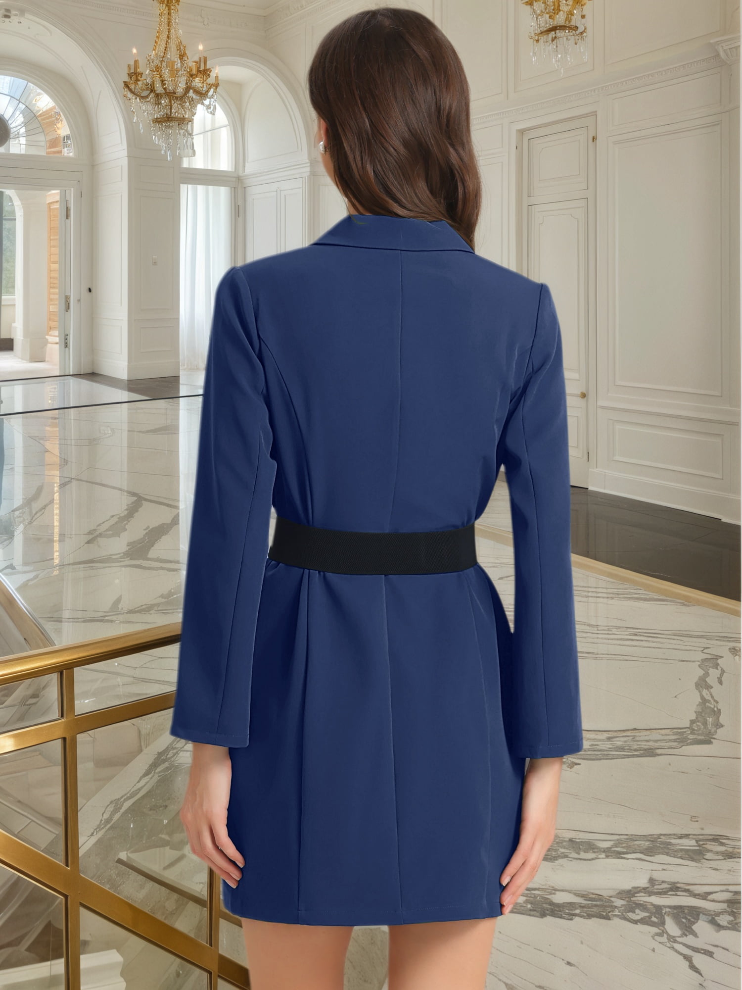 DARING DIVA Women's Slit Sleeve Belted Double Breasted Blazer Dress L Dark Blue