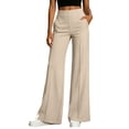 thumbnail image 2 of Women's High Waisted Wide Leg Pants, Elastic Waist Seamed Front Trousers with Pockets, Casual Loose Fit Flowy Dress Pants for Work Office Daily Wear 01-Beige L, 2 of 5
