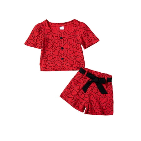 

Sunisery Kids Girls Clothes Set Love-heart Printed Ribbed Square Neck Short Sleeve T-shirts + Shorts with Waist Belt Red 4-5 Years
