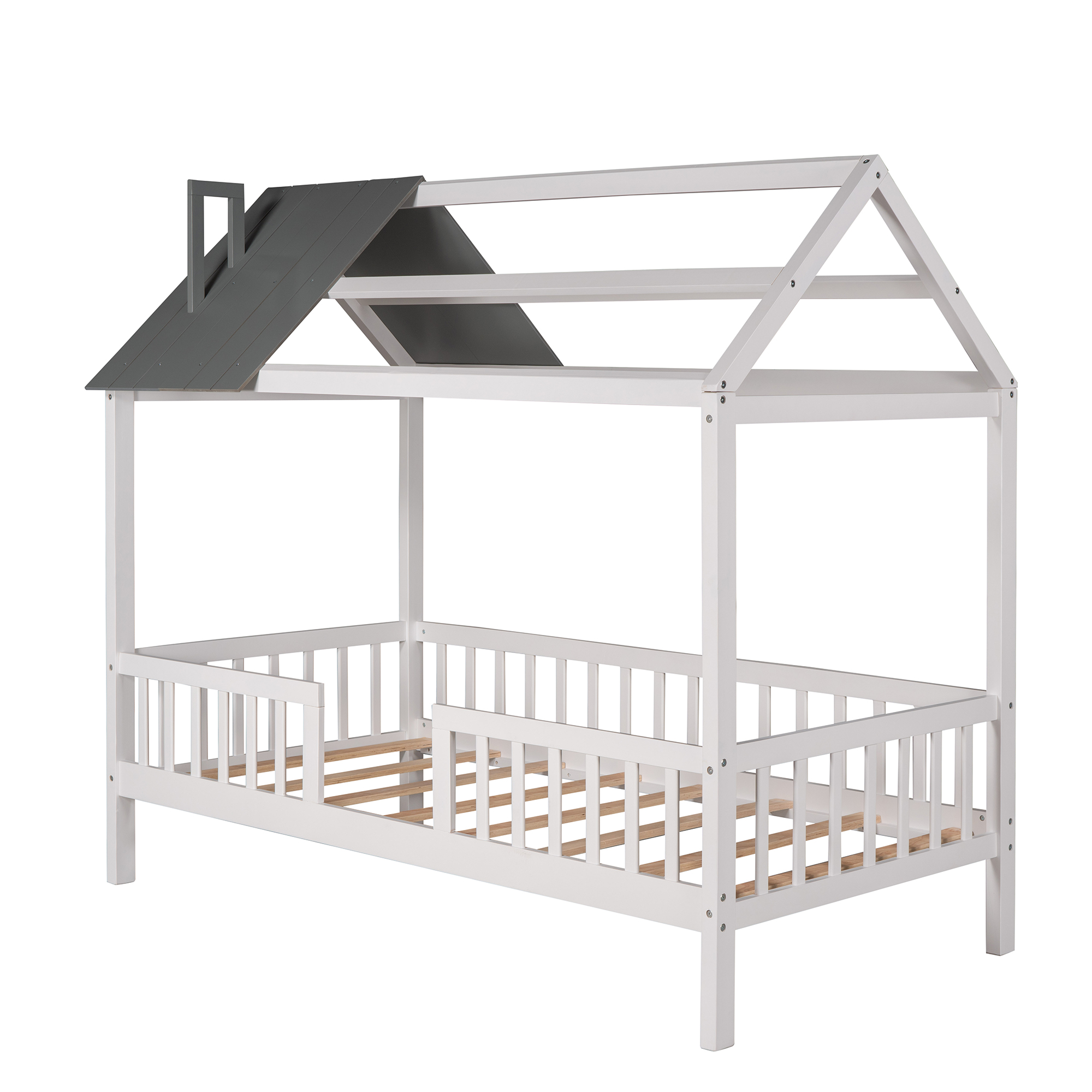 Aukfa Twin House Bed with Fence and Roof, Wood Montessori Bed for Kids, Teens - White/Gray