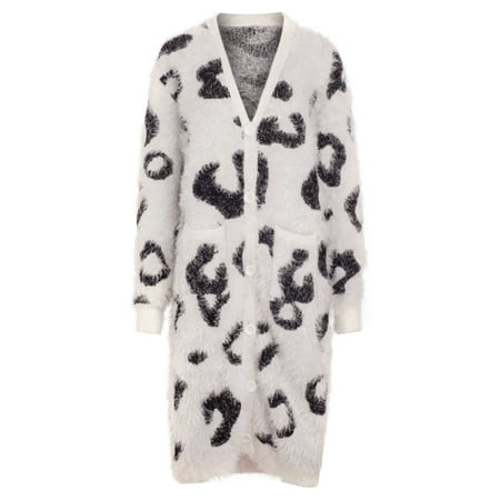 Women Knitted Cardigan Faux Fur Shaggy Leopard Print Button Women Knitted Cardigan Faux Fur Shaggy Leopard Print Button