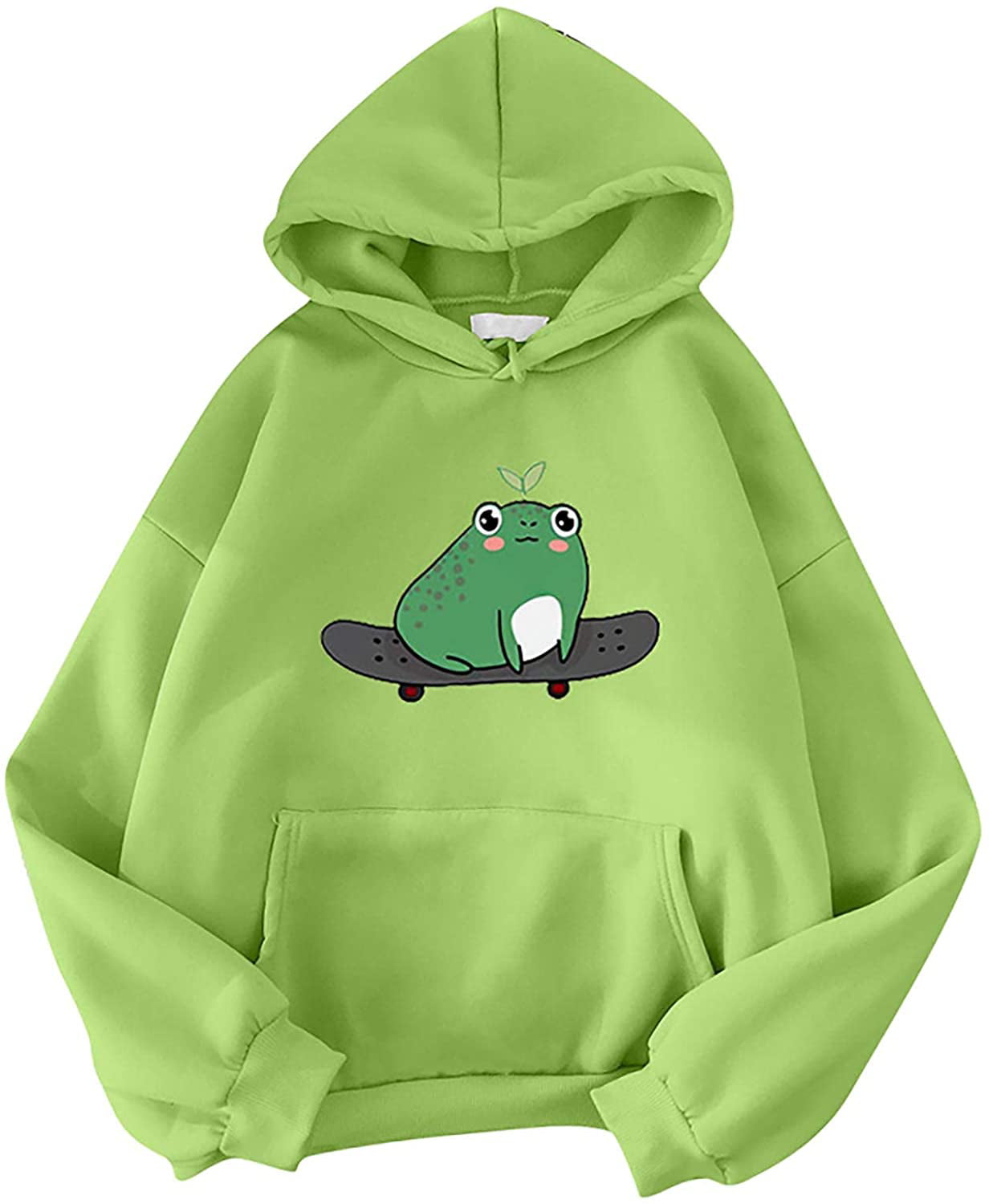 Womens Cute Hoodies Frog Skateboard Printing Patchwork Long Sleeve Drawstring Hooded Sweatshirt Pullover Tops 