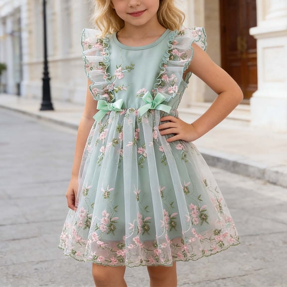 Little Girl Easter Dresses Flower Prints Princess Dress Cute Summer Dresses for Girls Teens Summer Outfits Beach Sundress (Green,4-5 Years)