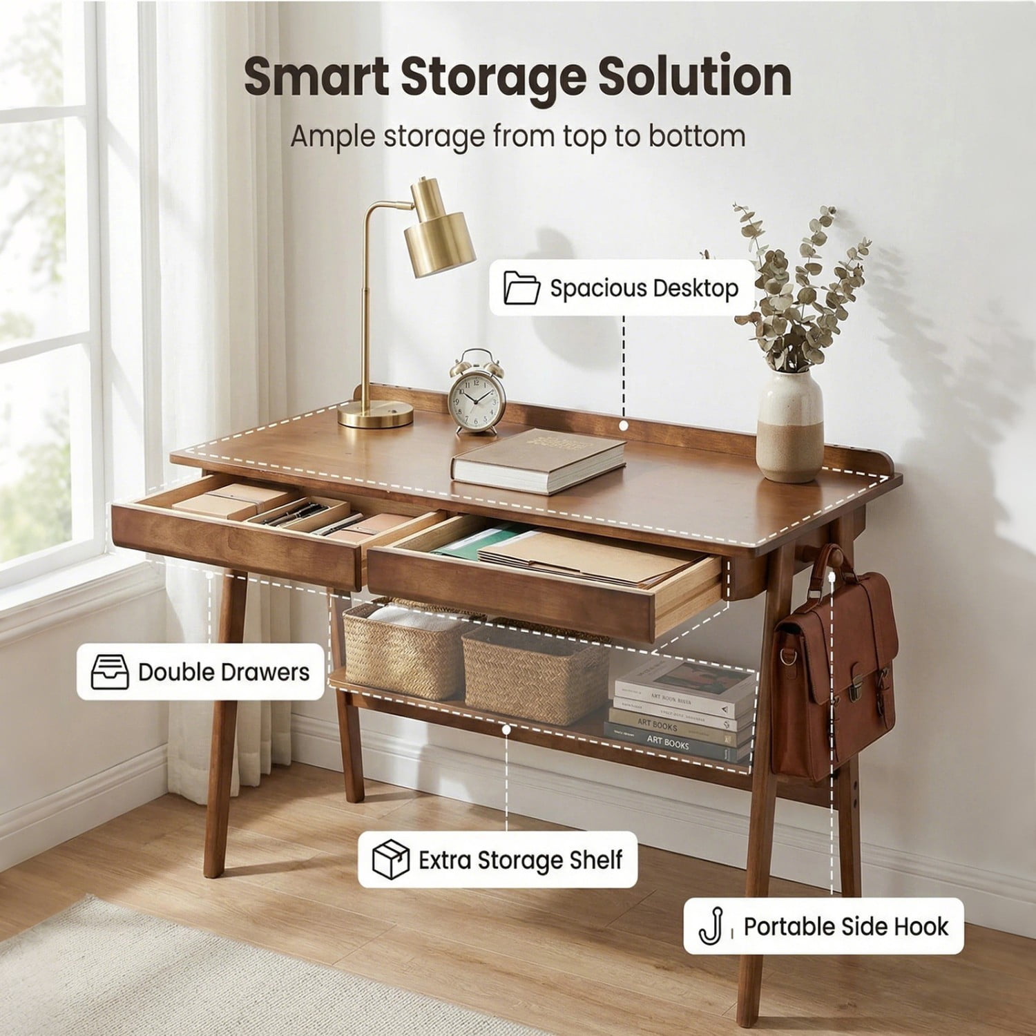 Solid Wood Writing Desk 47 Inch with 2 Drawers & Storage Shelf Mid Century Modern Home Office Desk with Hooks for Bedroom Study Walnut