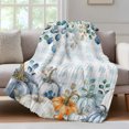 thumbnail image 4 of Blue Thanksgiving Pumpkin Throw Blanket, Flannel Fleece Blanket with Striped Design for Couch, Fall Eucalyptus Leaves Plaid Soft Breathable All Season Plush Blankets for Sofa Office Travel 40"x50", 4 of 9