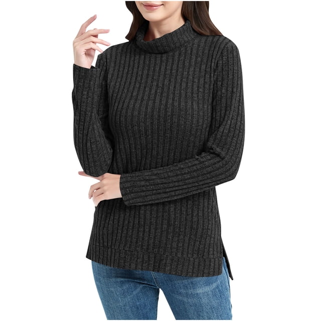 Lenpel Women's Turtleneck Sweaters Lightweight Long Sleeve Side Split High Low Hem Ribbed Knit Pullover Sweaters Soft Tunic Tops(Black,Small)