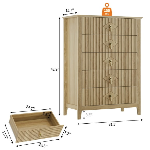 Commode Moderne Cannelée à 5 Tiroirs – Commode Haute de 42,9 Po avec Poignées en Métal – Grand Armoire de Rangement en Bois pour Chambre, Salon, Couloir, Garde-Robe, Meuble Télé – Chêne Naturel, Couleur Bois