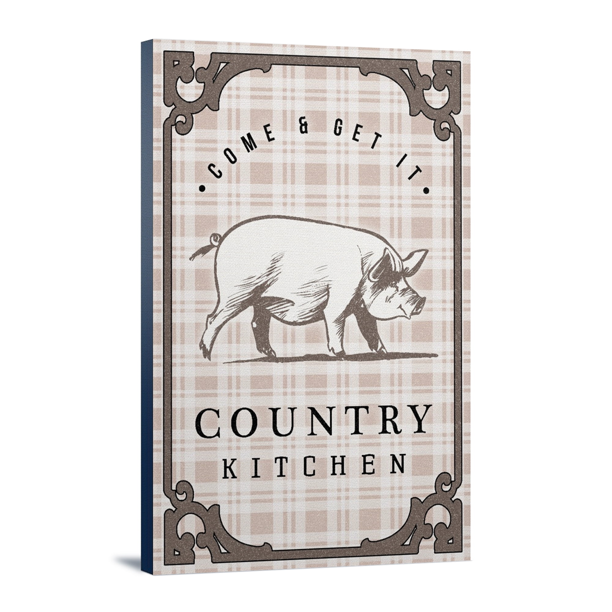 Country Kitchen, Pig on Plaid, (12x18 Wrapped Canvas, Wall Decor