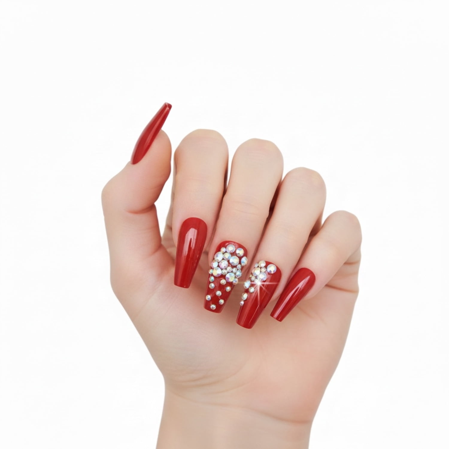 Red 3D Crystal Press On Nails, Love Queen, Extra Long Coffin Ballerina Rhinestones Fake Nails Set