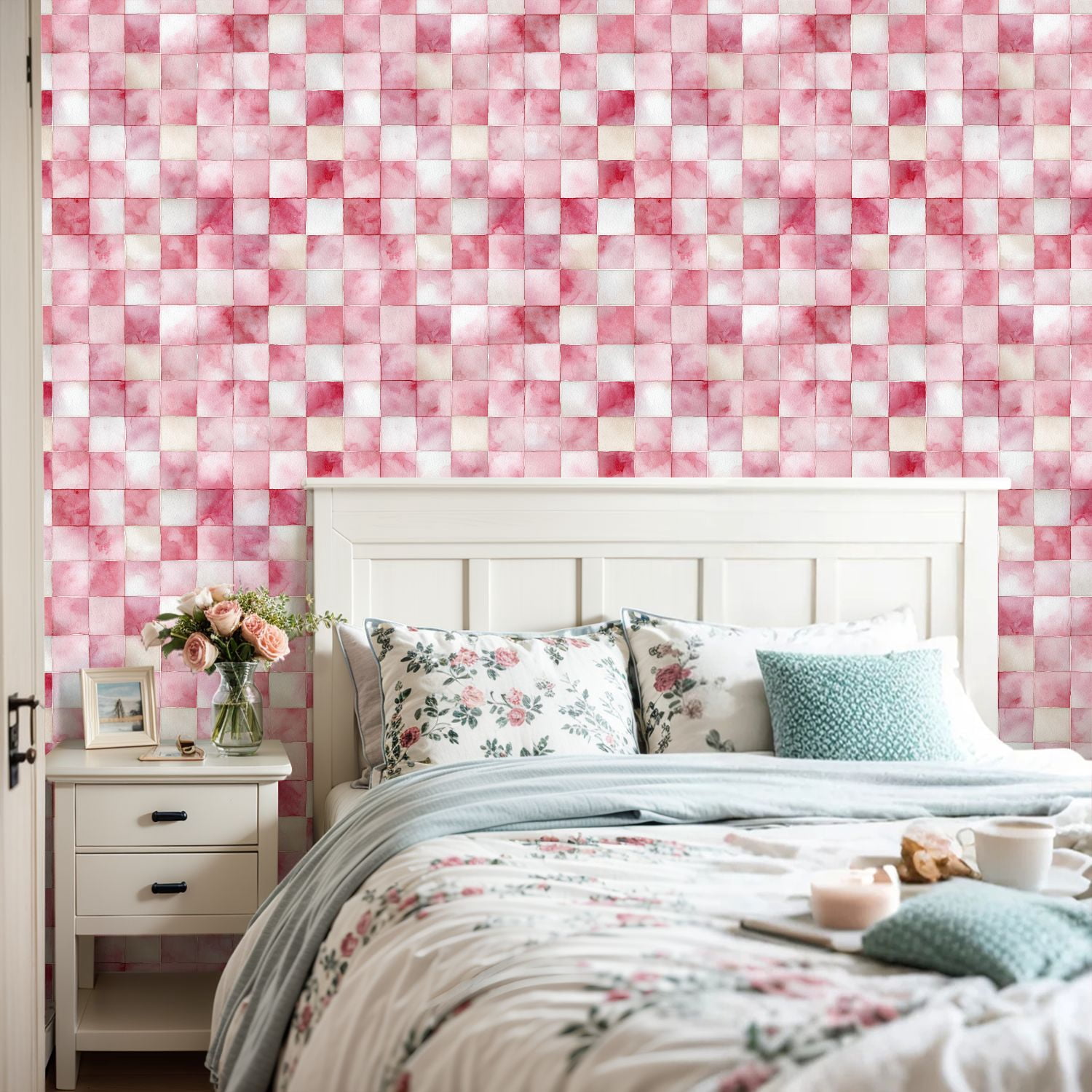 Peel and Stick Wallpaper Watercolor Pink Checkered Soft Brush Strokes 24in x 118in Contact Paper Removable Self Adhesive Wall Mural Wall Decor for Bedroom Kitchen Cabinets