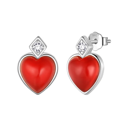 Fasjewly S925 Red Heart Earrings,Sterling Silver Carnelian Earrings Studs Jewelry Gifts for Women Her