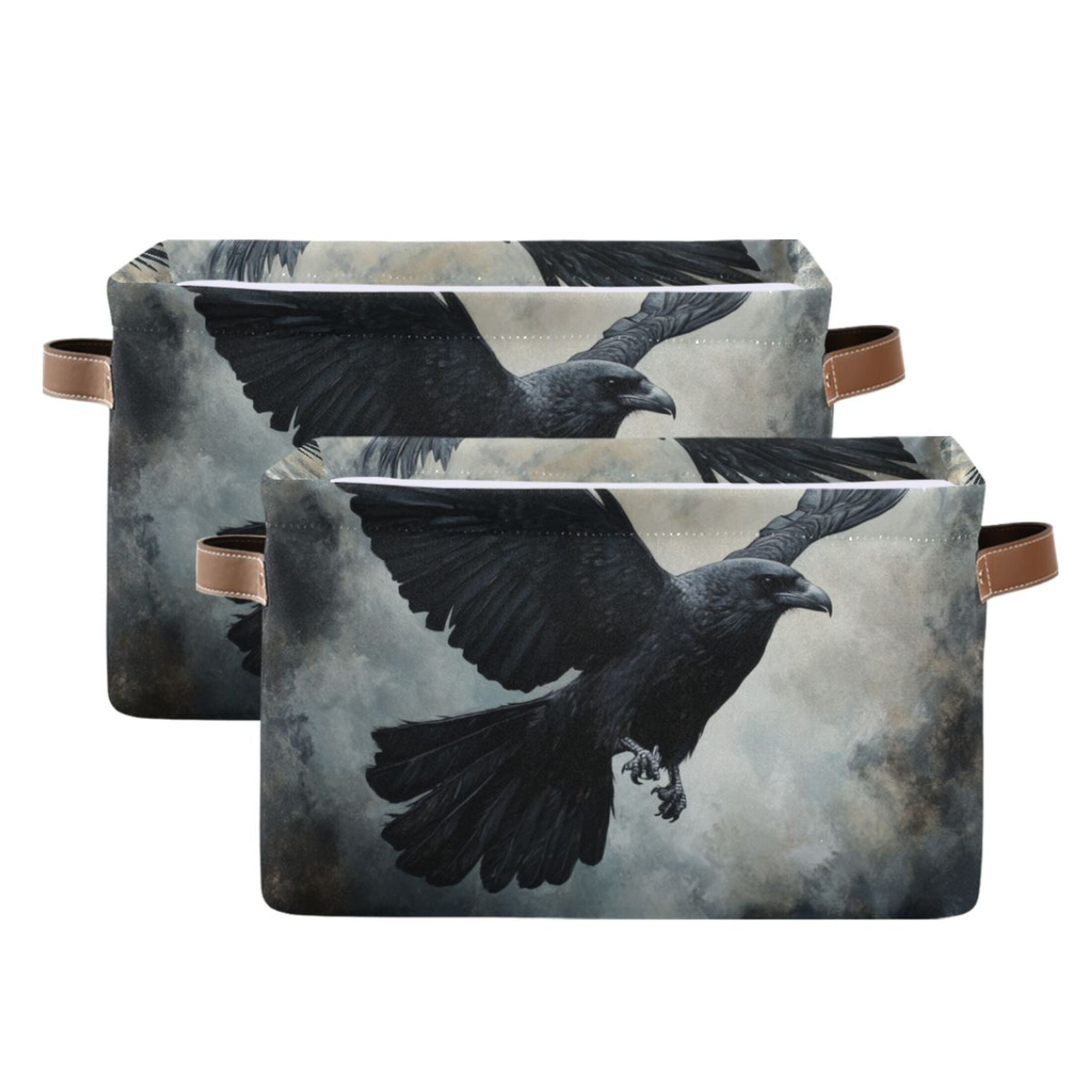 WOBOGO Black Bird Square Storage Basket with Waterproof Canvas and PE Lining Durable PU Leather Handles 14.2×10.2×8.3in