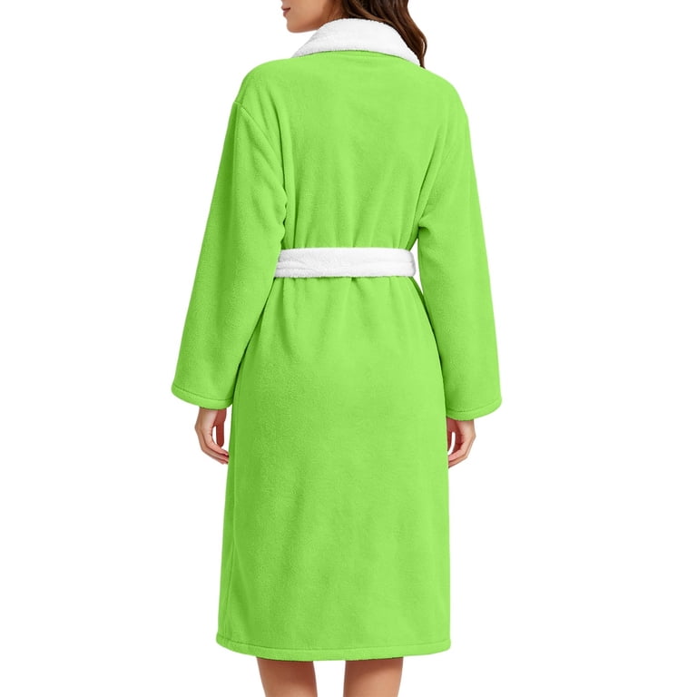 Mifsaly Shawl Collar Flannel Robe for Women Soft Thick Fleece Long Bathrobe Belted Cozy Winter Loungewear Dressing Gown with Pockets Pink,L