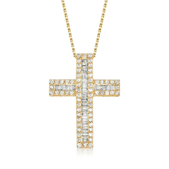 Ross-Simons 3.00 ct. t.w. Baguette and Round Diamond Cross Pendant Necklace in 18kt Gold Over Sterling, Women's, Adult