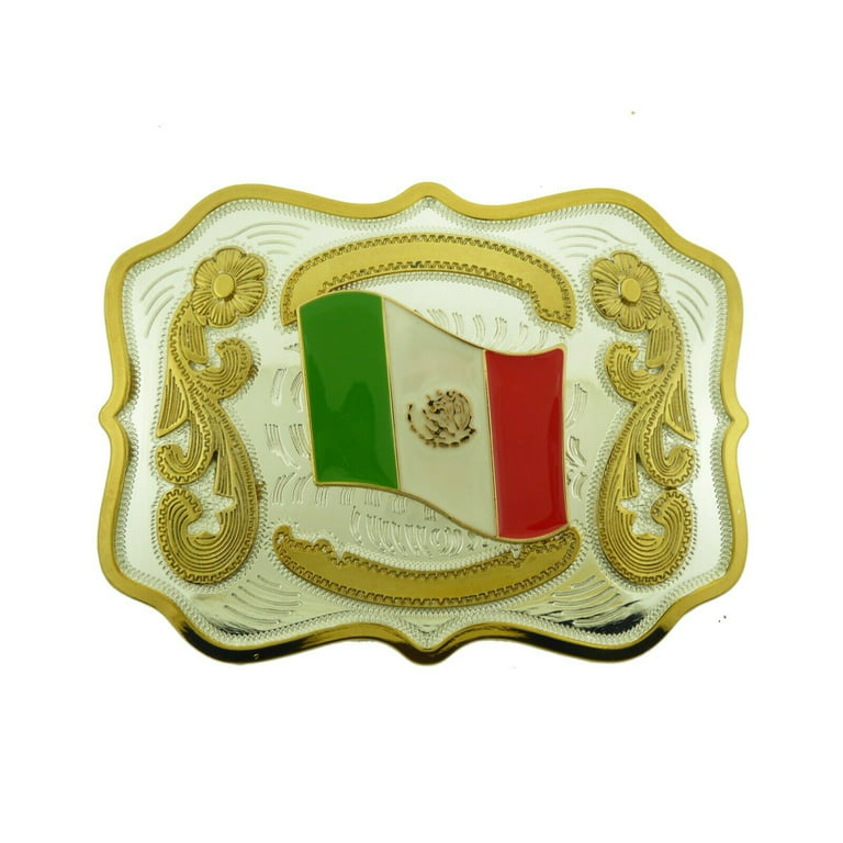 Mexico Mexican Flag Belt Buckle Big Country gold Silver Metal Western  Cowboy Men Style New