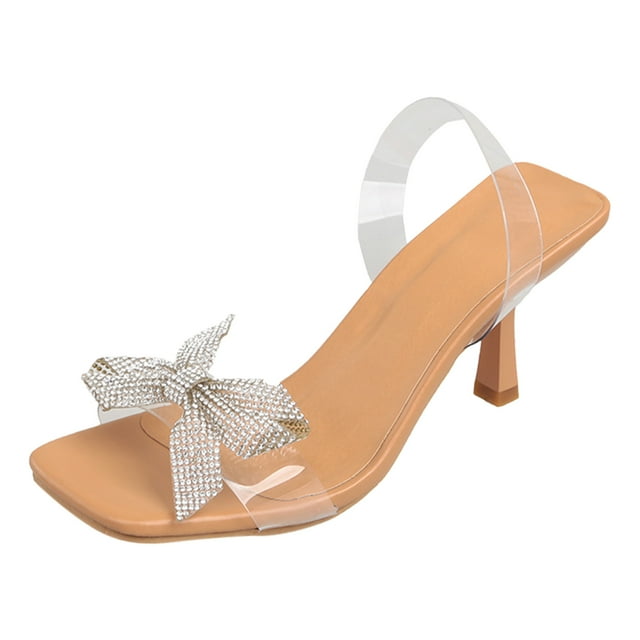 Adult Women Sandal Leather Sandals Women Ladies High Heel Sandals Transparent Strap Bow Rhinestone Square Toe Fine High Heel Sandals Female Sandal(Brown,7.5)
