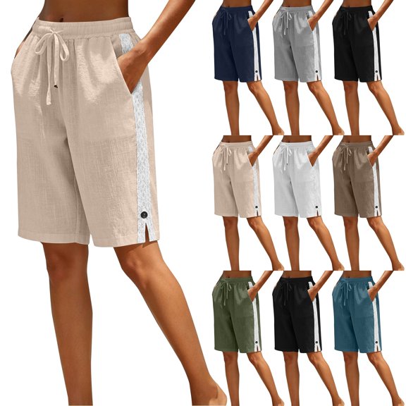 Womens Lightweight Shorts Casual Cotton Linen Bermuda Shorts Elastic Waist Drawstring Summer Comfy Bottoms by Yigetop Beige L