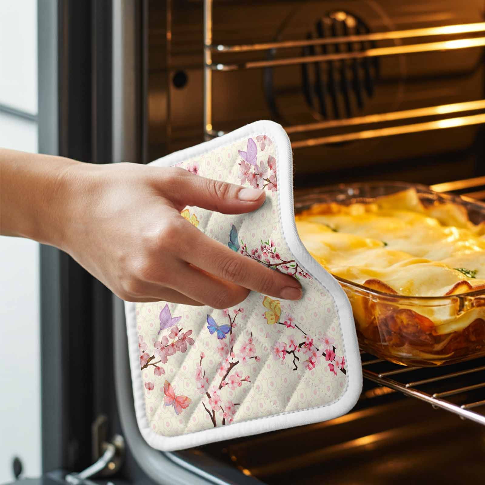 Cherry Blossoms Plant Pot Holders for Kitchen Heatproof Potholder, 3 Pack Pink Floral Butterfly Leaves Hot Pads Multipurpose Oven Pads Cloth Potholders Trivet for Cooking Baking