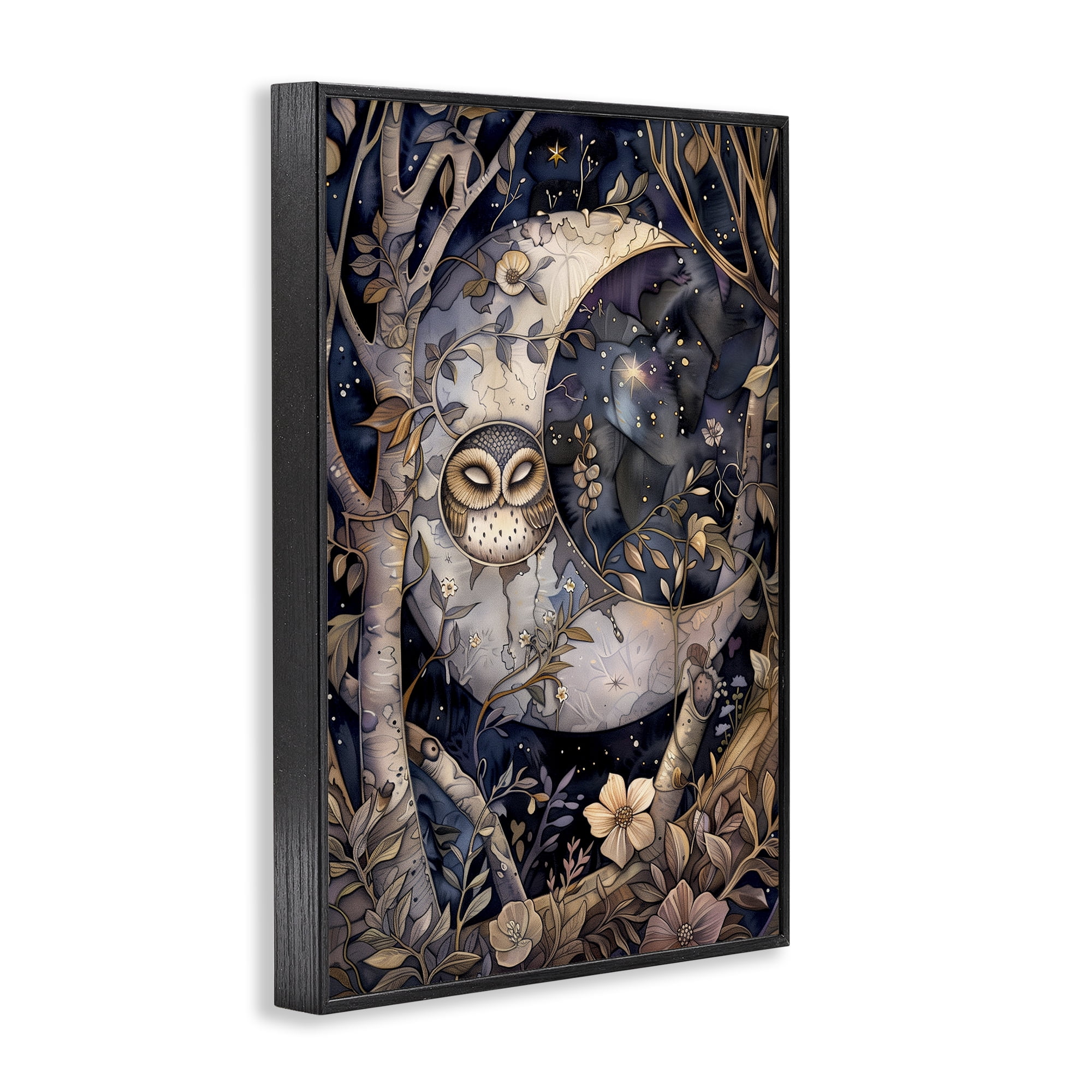 Stupell Industries Moon Owl Sleeping Animals & Insects Painting Black Framed Art Print Wall Art, 12 x 18
